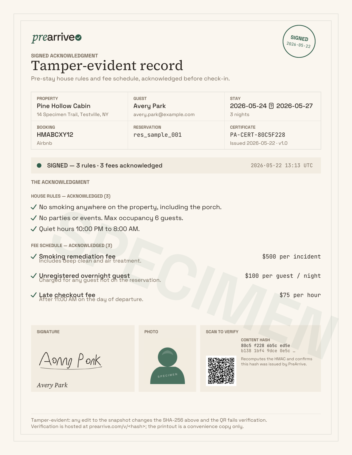Page 1 of a PreArrive signed-acknowledgment certificate — vellum paper, double border, signed sample